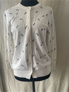 Bass White Cardigan with Navy Dragonfly Motif
